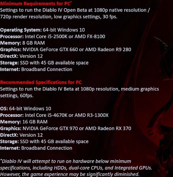 《暗黑破壞神4》公開測試官方PC系統要求公佈