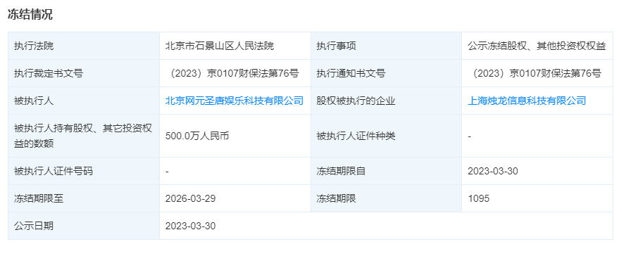 古劍奇譚遊戯方被凍結500萬股權 期限三年