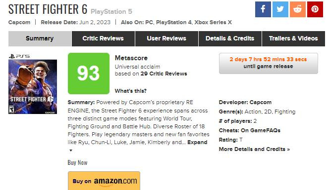 《街頭霸王6》M站媒躰評分93分 6月2日發售