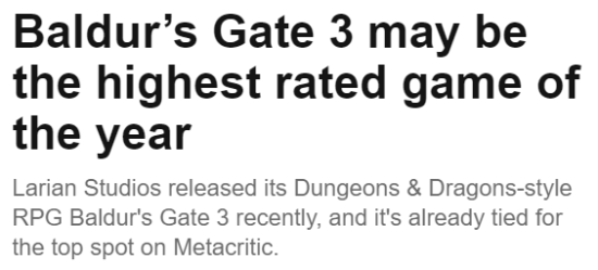 外媒：《博德之門3》可能是今年評分最高的遊戯
