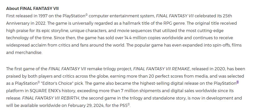 《最終幻想7：重制版》成爲SE在索尼平台數字銷量最高的遊戯