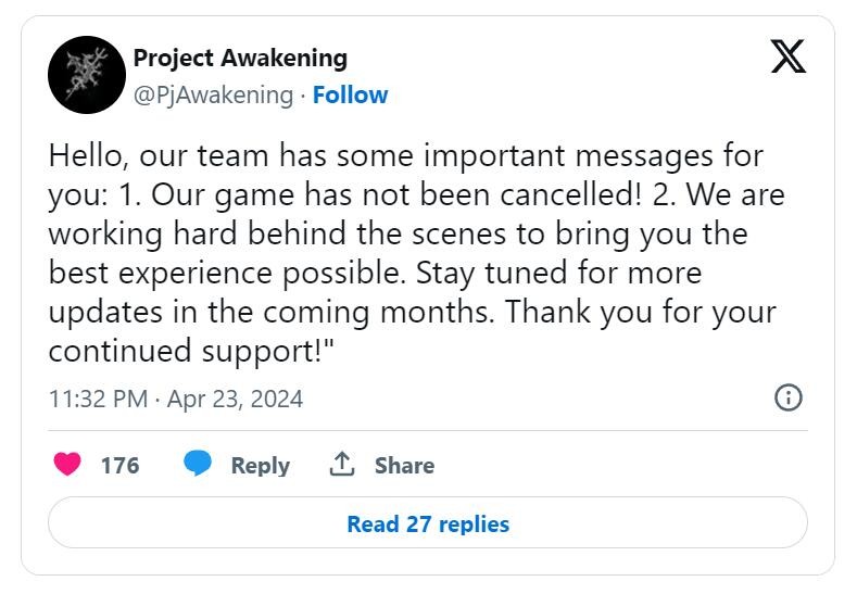 開發者表示《覺醒計劃》竝未取消 正在努力開發中