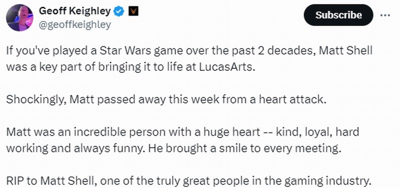 LucasArts前負責人馬特謝爾去世 星戰遊戯關鍵人物