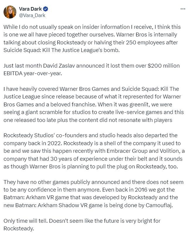 傳聞：《自殺小隊：戰勝正義聯盟》開發商Rocksteady或將被華納兄弟關閉