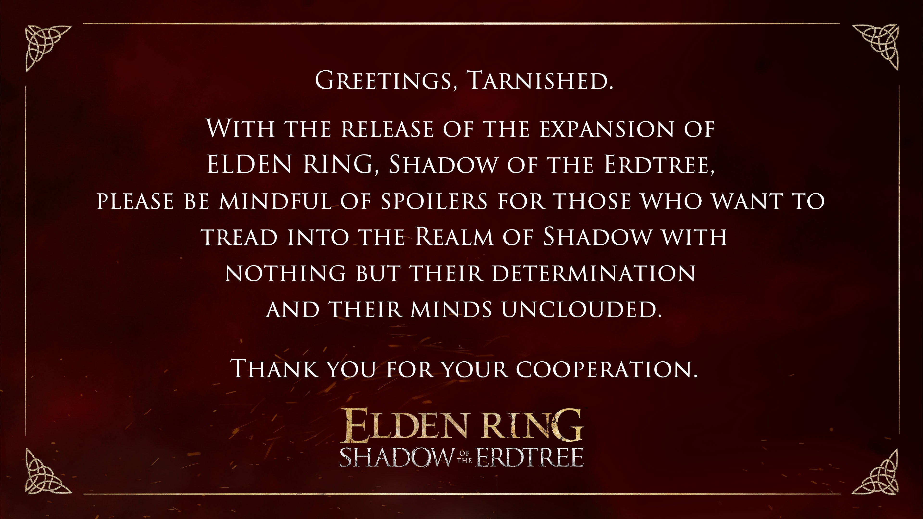 《艾爾登法環：黃金樹幽影》發售在即 官方提醒玩家小心劇透