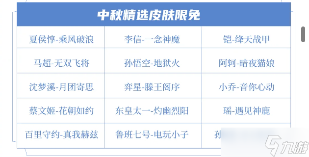 王者榮耀2024年中秋節限免皮膚介紹