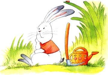 有一只小兔子,他有一個可愛的白色木屋和一個美麗的綠色花園