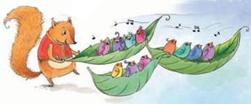 松鼠帶著幾十艘綠葉船邀請鳥上山,鳥快樂地接受邀請