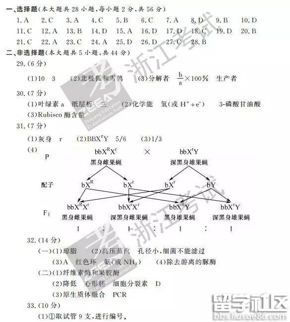 2023年10月浙江新高考生物答案