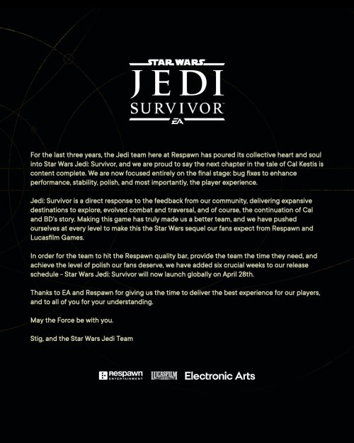 《星球大戰絕地：幸存者》宣布延期至4月28日 目前專注于最后的打磨