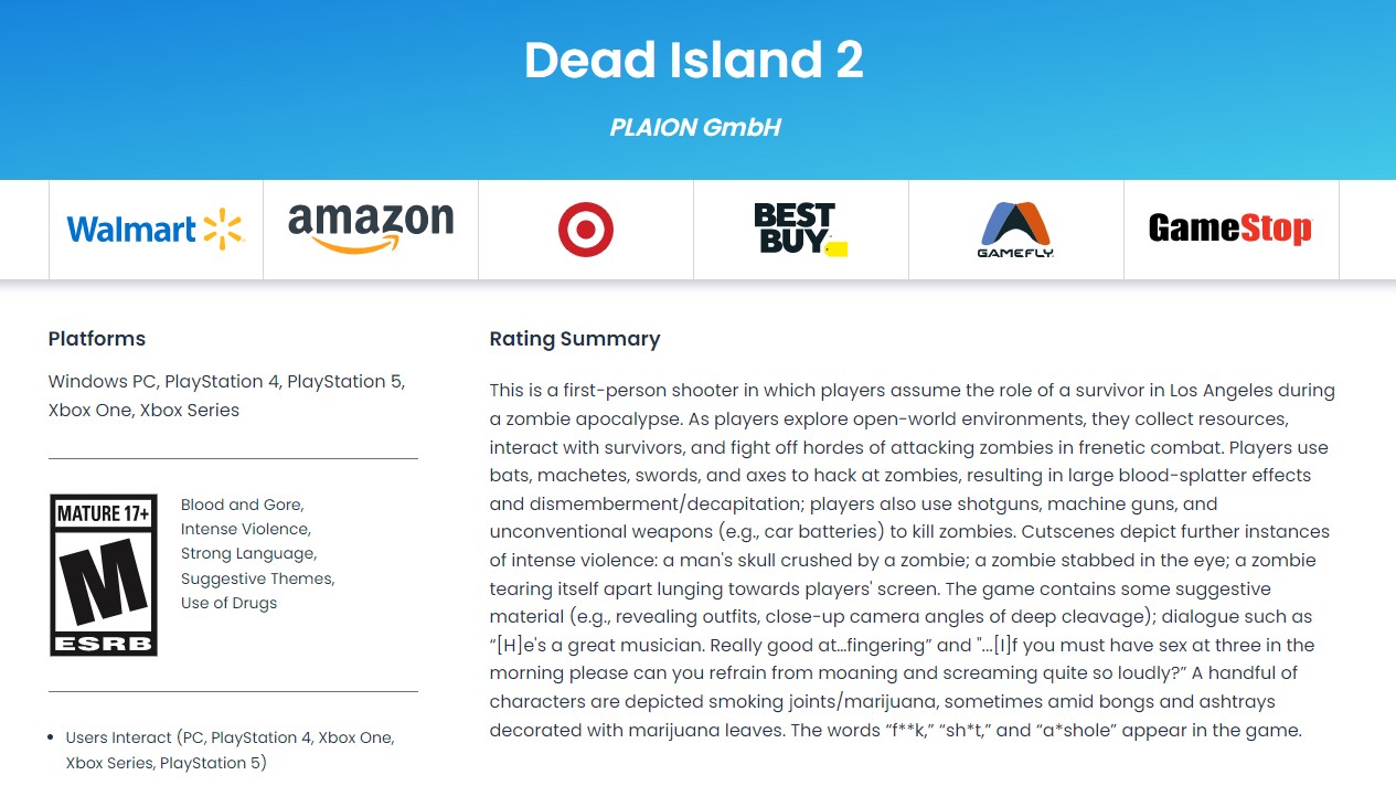 《死亡島2》ESRB評級為17+ 預計4月28日發售