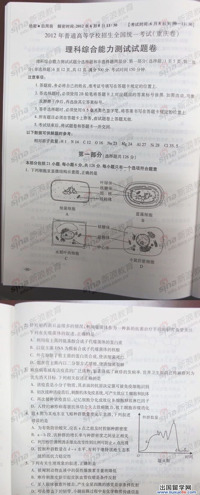 2012年重慶高考理綜真題試卷