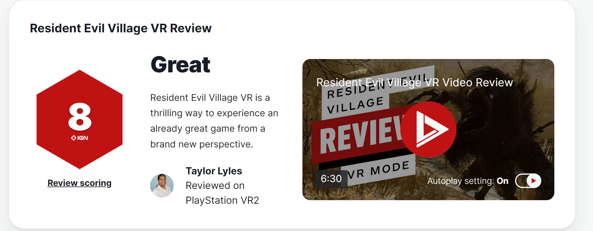 《生化危機8 VR》IGN 8分 MTC用戶評分9.7分