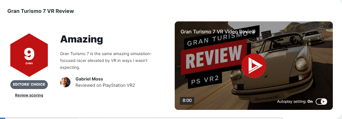 《GT7》VR版IGN評測9分 令人驚嘆的模擬賽車遊戲