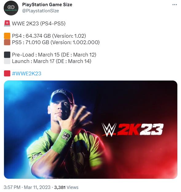 《WWE 2K23》PS文件大小公開 PS5大小71GB