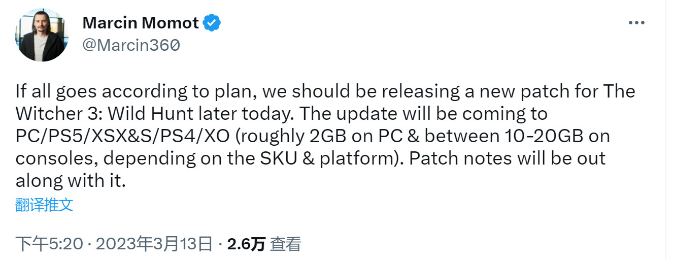 《巫師3》更新即將上線 PC耑大約2GB