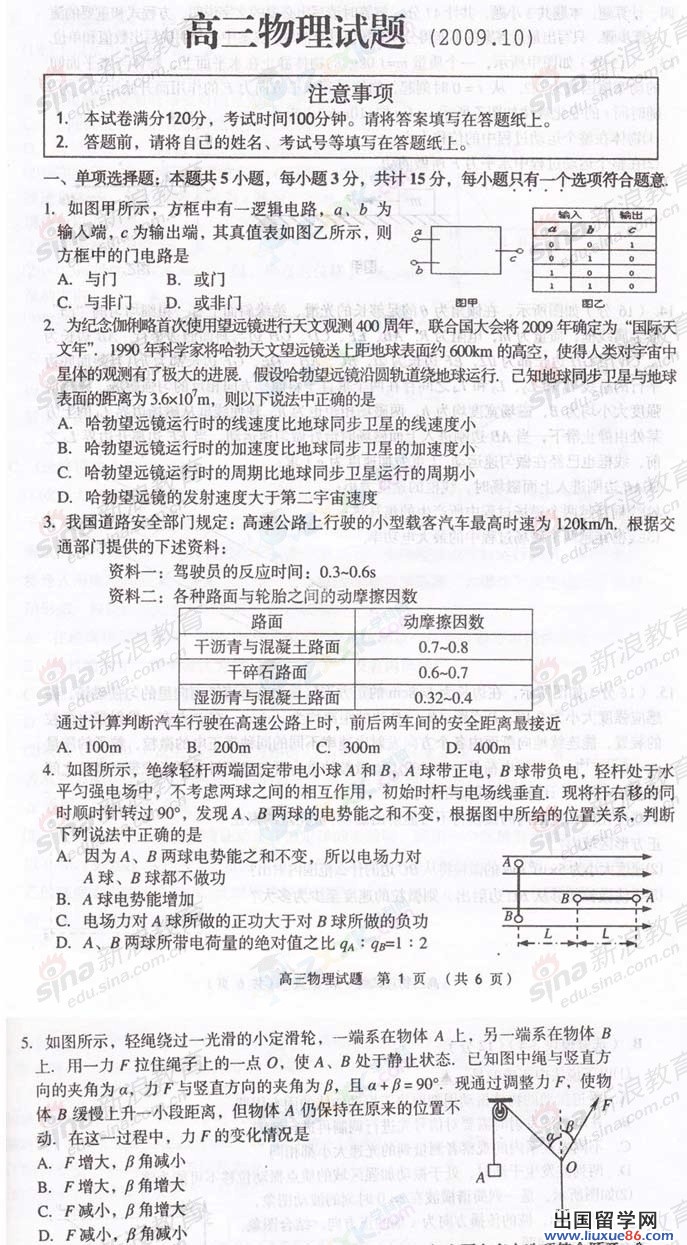 2010年江蘇省徐州市高三第一次物理試題及答案