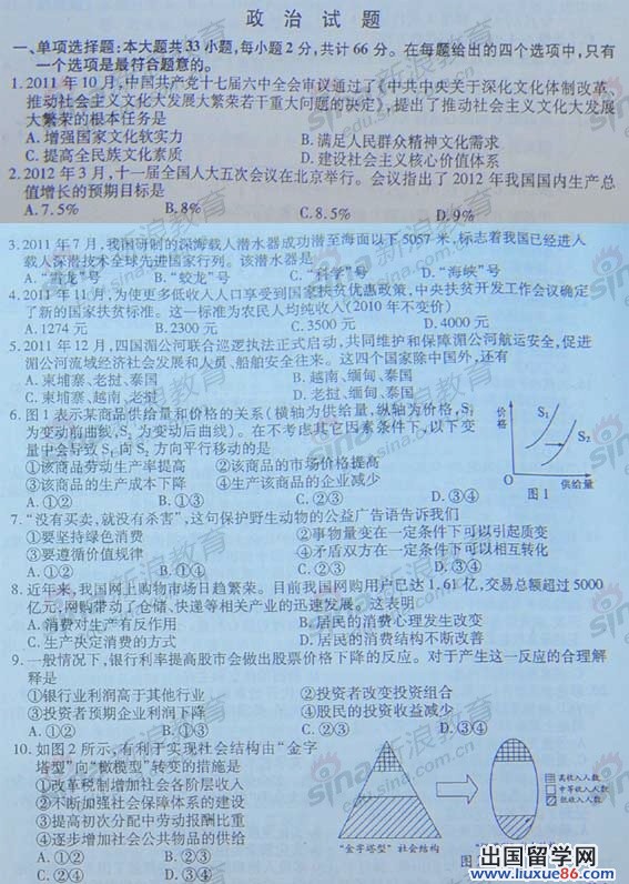 2012年江蘇省高考政治試題