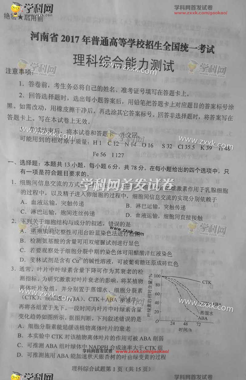 2017年安徽省高考綜合真題(圖片版)