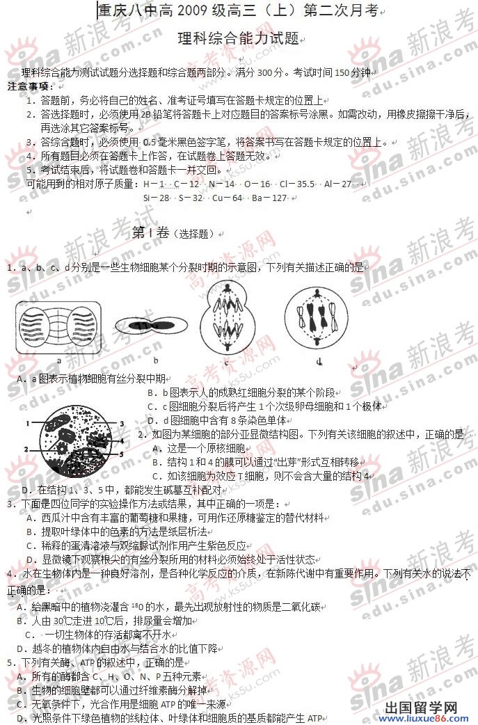 重慶市第八中學2023屆高三第二個月綜合試卷及參考答案