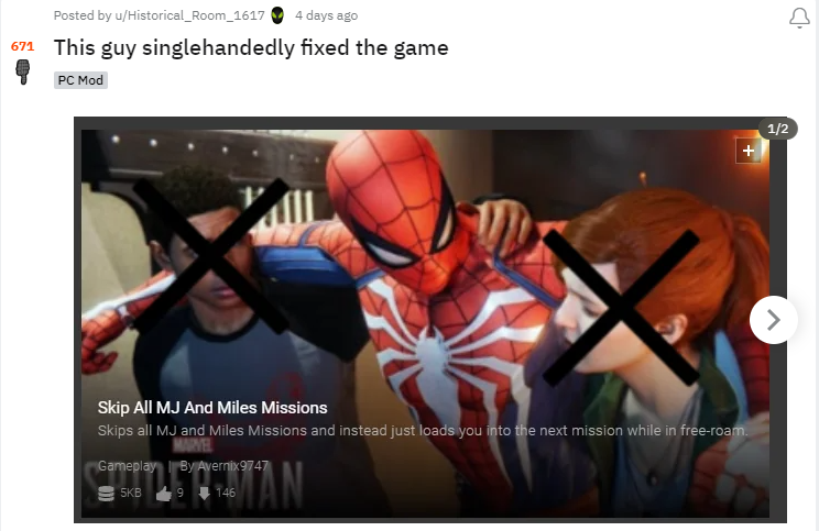 《漫威蜘蛛俠》Mod：可直接跳過MJ與邁爾斯任務關卡