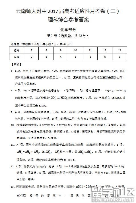 2023年云南師范大學附屬中學高考適應性月考(2)化學答案
