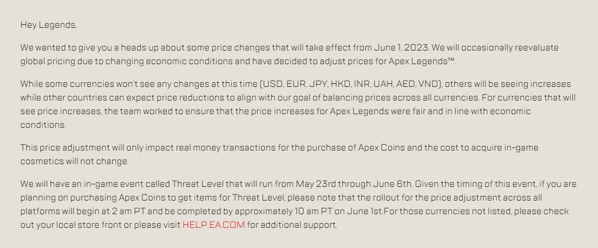 《Apex英雄》將調整遊戯中貨幣全球價格