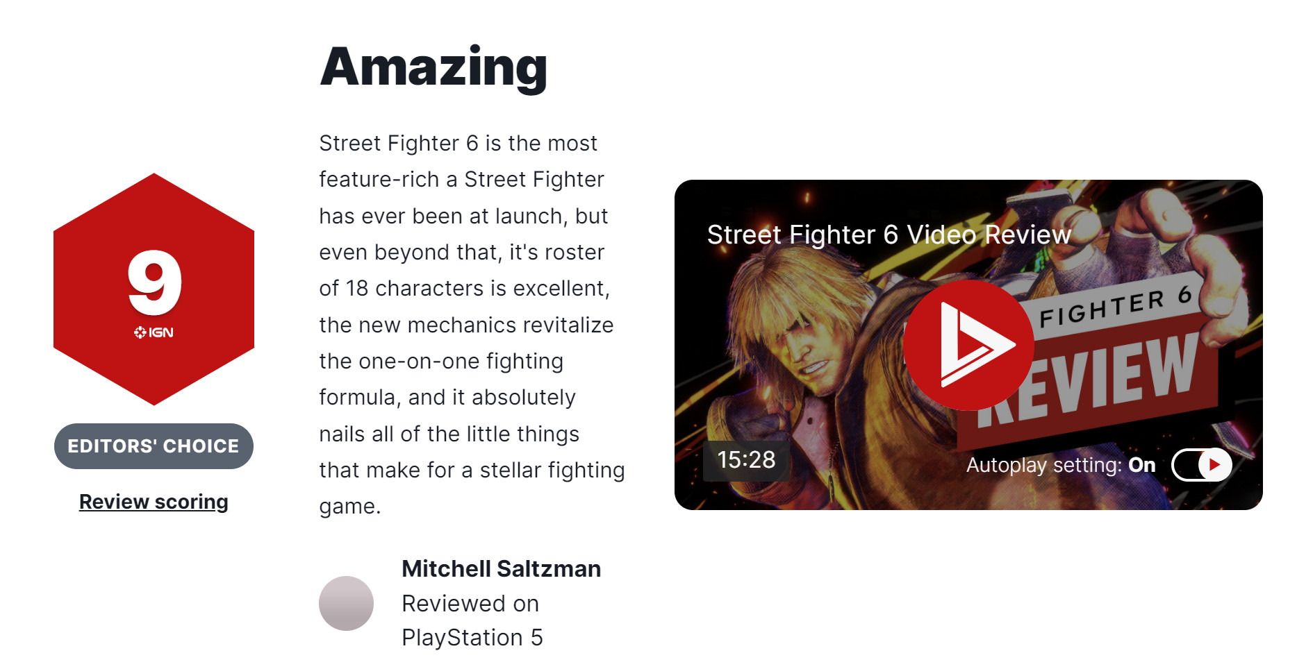 IGN評分:9分,驚豔 《街頭霸王6》是該系列首發時功能最豐