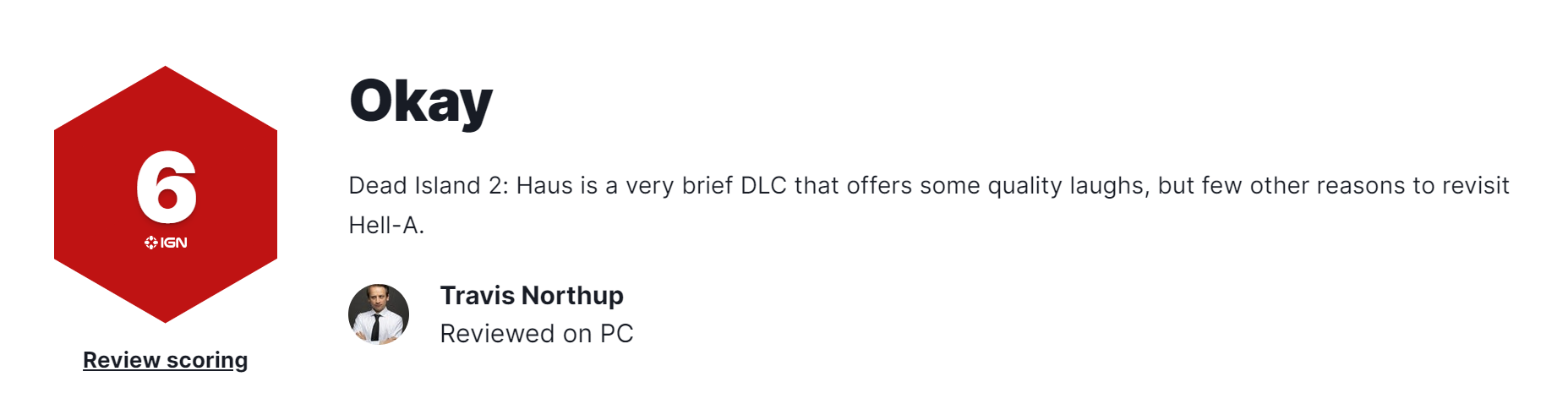IGN爲《死亡島2》DLC“Haus”評價6分,認爲這款DL