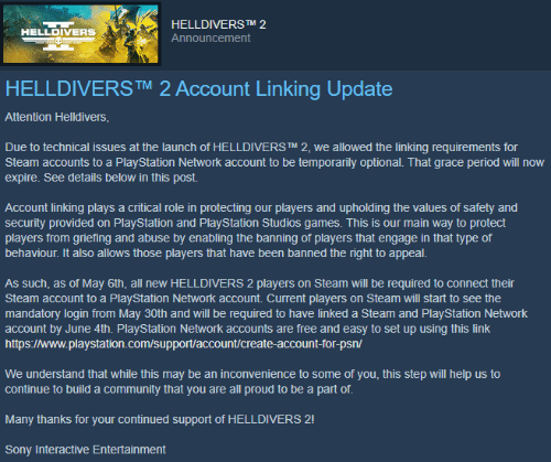 《地獄潛者2》新玩家必須從5月6日起將Steam賬戶綁定到P