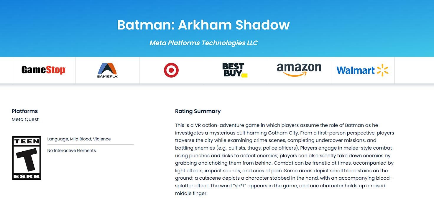 VR新作蝙蝠俠:阿卡姆的影子獲美國ESRB評級、T級和青少年