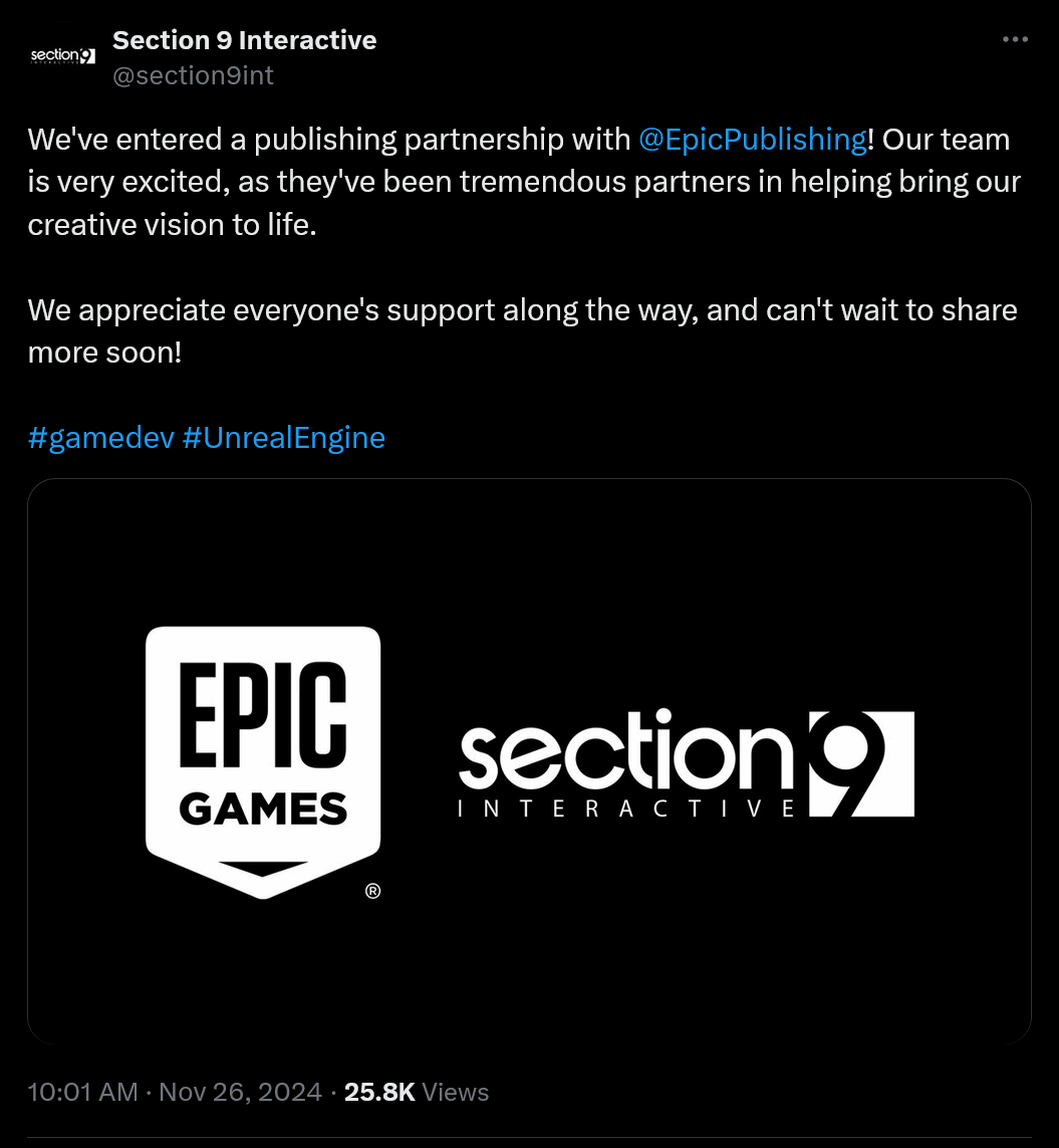 Section 9宣佈和Epic Games達成出版郃作協議