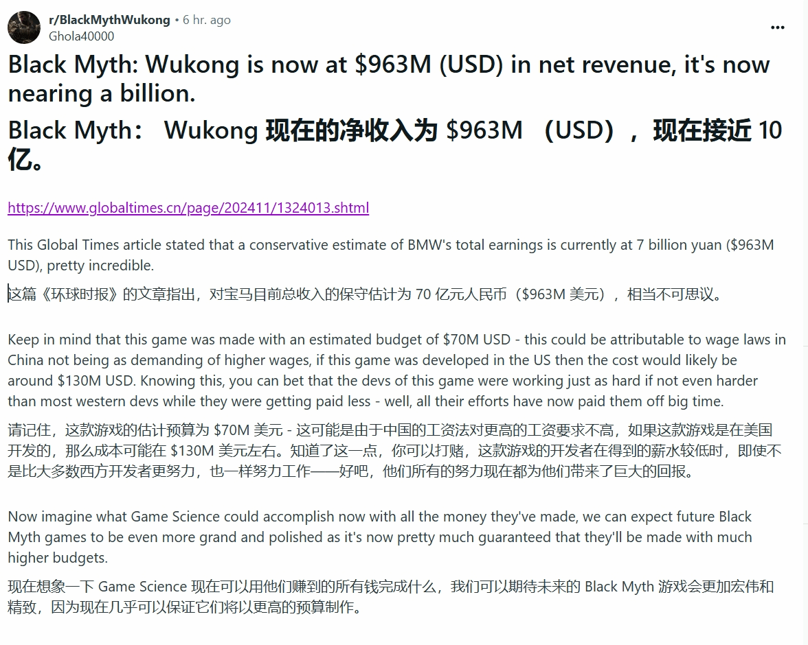 Reddit用戶Ghola4萬轉發黑神話:悟空淨收入9