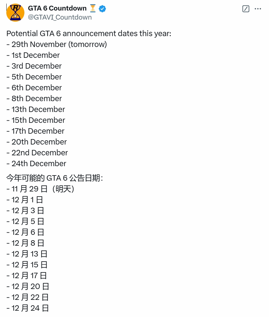 2024年12月GTA6預告片曝光一周年